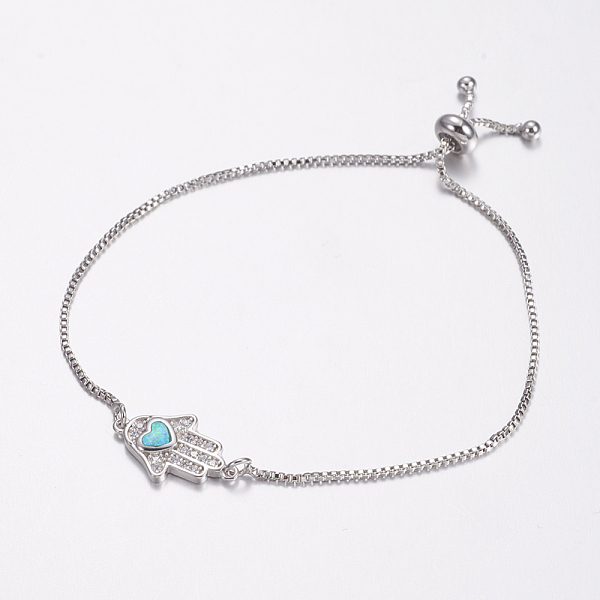

PandaHall Adjustable Brass Bolo Bracelets, Slider Bracelets, with Synthetic Opal and Cubic Zirconia, Hamsa Hand/Hand of Fatima/Hand of..., Green
