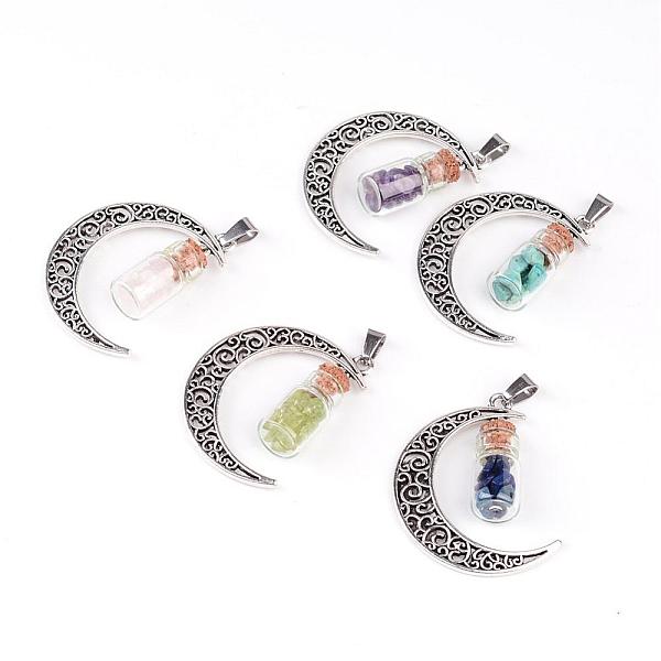 

PandaHall Column Glass Bottle with Natural & Synthetic Mixed Stone Inside Pendants, with Moon Alloy Finding and 304 Stainless Steel Findings...