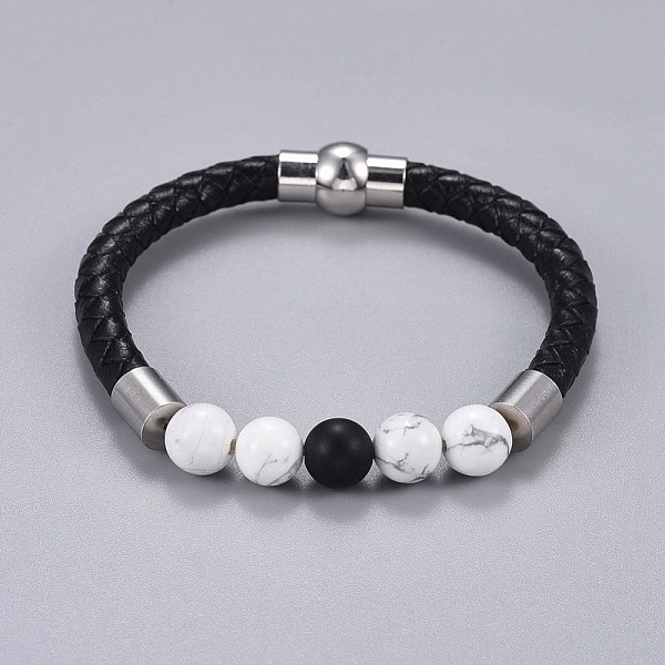 

PandaHall Woman's Braided Leather Cord Bracelets, with Natural Howlite and Black Agate(Dyed), Brass and Stainless Steel Findings, 7-1/2 inch...