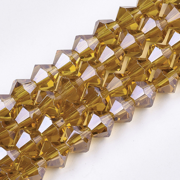 

PandaHall Electroplate Glass Beads Strands, Pearl Luster Plated, Faceted, Bicone, Goldenrod, 6x5.5~6mm, Hole: 1mm, about 44~47pcs/strand..., Gold