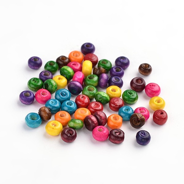 

PandaHall Natural Wood Beads, Rondelle, Mixed Color, Lead Free, Dyed, about 4000pcs/1000g, 4mm, hole: about 1.2mm Wood Rondelle Multicolor