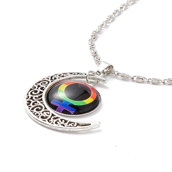 

PandaHall Rainbow Pride Necklace, Flat Round with Pattern & Moon Pendant Necklace for Men Women, Antique Silver & Platinum, Female Gender...