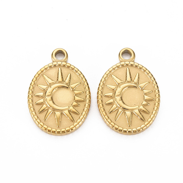 

PandaHall Ion Plating(IP) 304 Stainless Steel Pendants, Cadmium Free & Nickel Free & Lead Free, Oval with Sun & Moon, Real 14K Gold Plated...