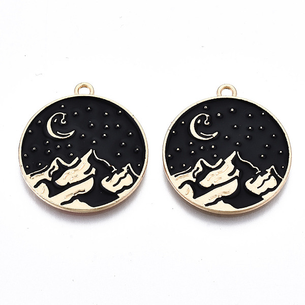 

PandaHall Eco-Friendly Alloy Enamel Pendants, Cadmium Free & Lead Free & Nickel Free, Flat Round with Mountain & Moon, Light Gold, Black...