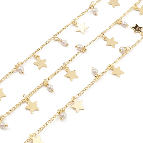 

PandaHall Brass Curb Chains, with Star & ABS Plastic Pearl Charms, Unwelded, with Spool, Real 18K Gold Plated, 2x1.5x0.3mm Brass