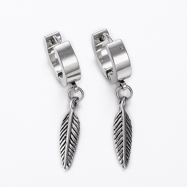 

PandaHall 304 Stainless Steel Huggie Hoop Earrings, Hypoallergenic Earrings, Leaf Charms, Antique Silver, 35mm, Pin: 0.8mm 304 Stainless...