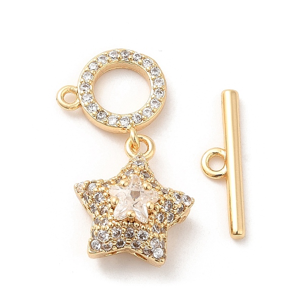 

PandaHall Brass Micro Pave Clear Cubic Zirconia Toggle Clasps, with Glass, Star, Real 18K Gold Plated, Star: 14x12x7mm, Hole: 1mm, 6mm inner...