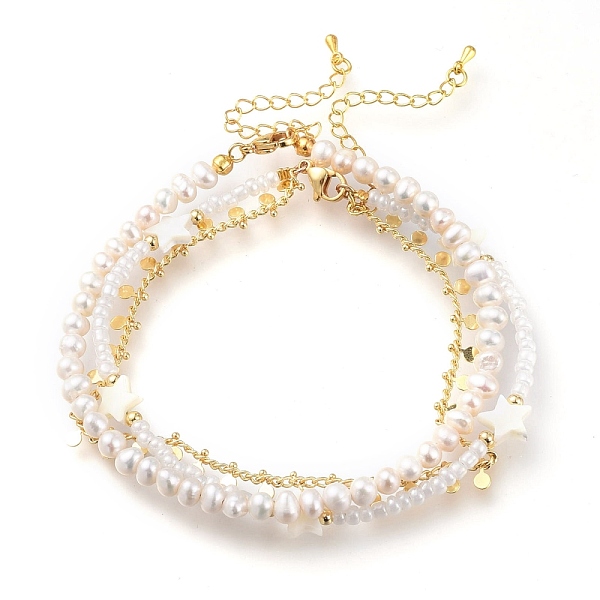 

PandaHall Brass Anklets Sets, Double Layer Anklets, with Glass Seed Beads, Natural Pearl Beads, Star Natural Shell Beads and 304 Stainless...