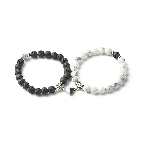 

PandaHall Magnetic Heart Clasps Bracelets Set for Couples Best Friends, Natural Howlite & Lava Rock & Synthetic Hematite Beads Bracelets..., Multicolor