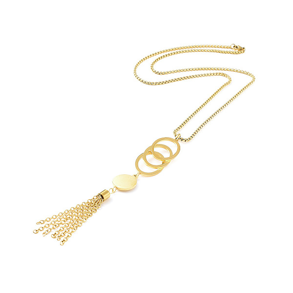

PandaHall Ion Plating(IP) 304 Stainless Steel Ring with Tassel Pendant Necklace with Box Chains for Women, Golden, 23.74 inch(60.3cm) 304...
