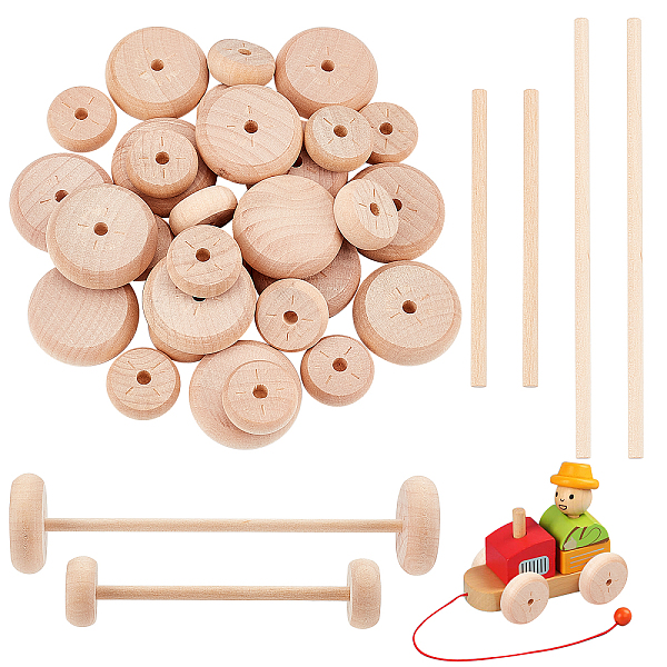 PandaHall OLYCRAFT 52Pcs 2Sizes Wood Wheels Unfinshed Wooden Wheel with Wooden Sticks Wooden Craft Wheels Tires with 4.5mm Holes for DIY...
