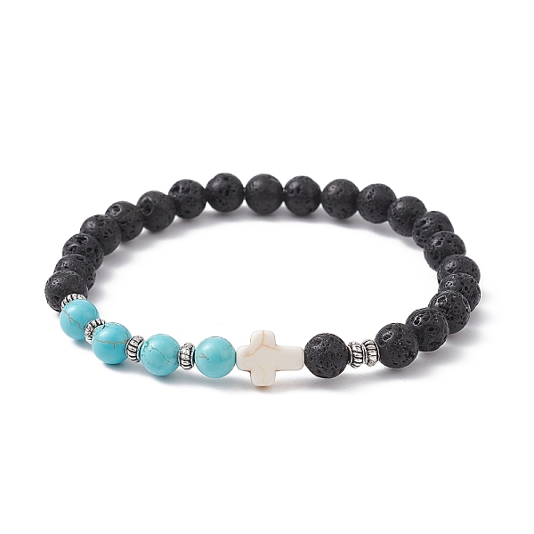 

PandaHall Cross Synthetic Turquoise & Natural Howlite & Lava Rock Beaded Stretch Bracelet, White, Inner Diameter: 2-1/2 inch(6.3cm) Lava...