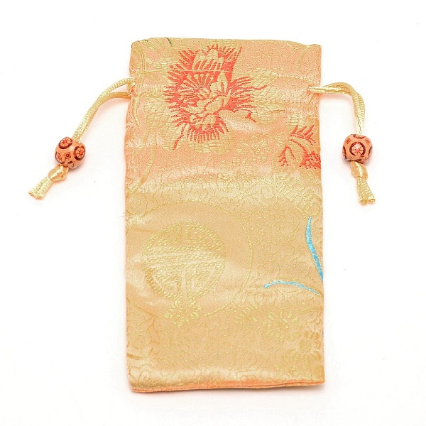 PandaHall Polyester Pouches, Drawstring Bag, with Wood Beads, Rectangle with Floral Pattern, Wheat, 16~17x7.8~8x0.35cm Polyester Flower...