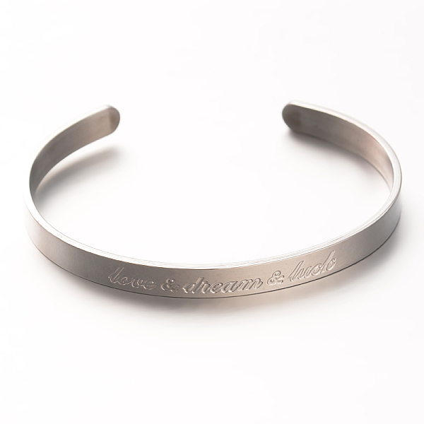 

PandaHall Love & Dream & Luck 304 Stainless Steel Cuff Bangles, Stainless Steel Color, 60x45mm 304 Stainless Steel