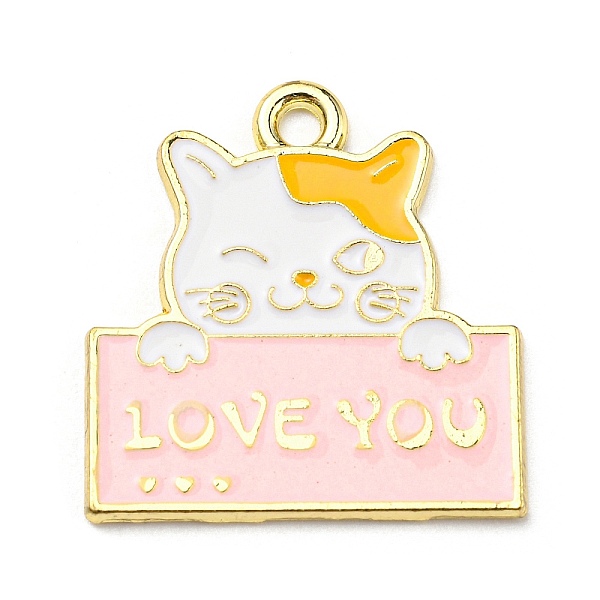 

PandaHall Zinc Alloy Pendants, Light Gold, Cat with Word Love You Charm, Pink, 24.5x23.5x1.5mm, Hole: 2.2mm Alloy+Enamel Cat Shape Pink