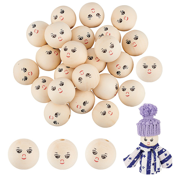 

PandaHall Printed Wood Beads, Large Hole Beads, Round with Smiling Face Pattern, Undyed, BurlyWood, 33.5x33mm, Hole: 7mm, 30pcs/set Wood..., Orange