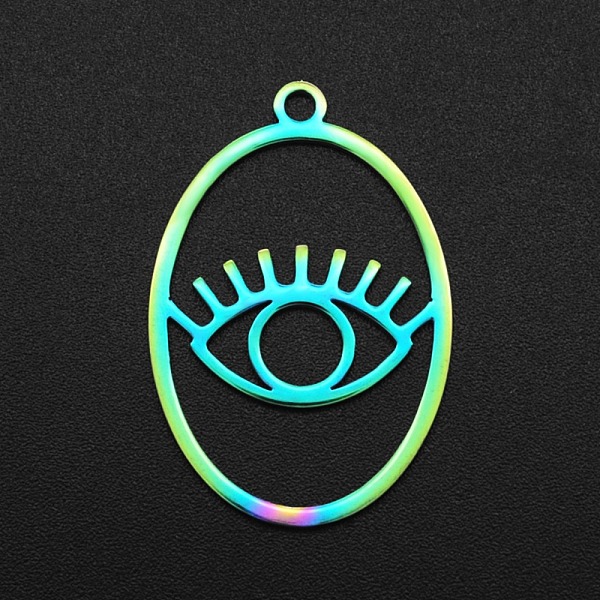 

PandaHall Ion Plating(IP) 201 Stainless Steel Pendants, Laser Cut, Hollow, Oval with Eye, Rainbow Color, 32x21.5x1mm, Hole: 2mm 201...