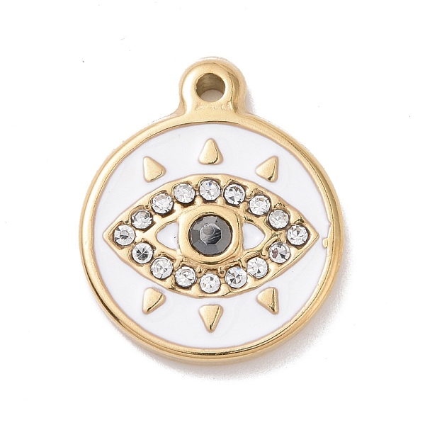 

PandaHall 304 Stainless Steel Pendants, with Rhinestone and Enamel, Flat Round with Horse Eye, Golden, White, 18.5x15x3mm, Hole: 1.4mm...