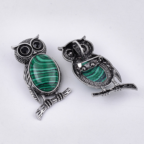 

PandaHall Synthetic Malachite Brooches/Pendants, with Rhinestone and Alloy Findings, Owl, Antique Silver, 51x28~29x15~16.5mm, Hole..., Black