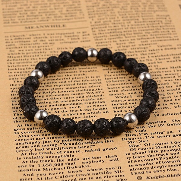 

PandaHall Natural Gemstone Beaded Stretch Bracelets, with 304 Stainless Steel Beads, Stainless Steel Color, 65mm Lava Rock