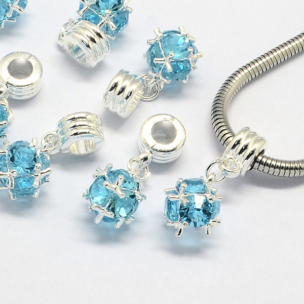 

PandaHall Alloy European Dangle Charms, with Rhinestones, Large Hole Pendants, Round, Silver Color Plated, Aquamarine, 28mm, Hole: 5mm..., Cyan