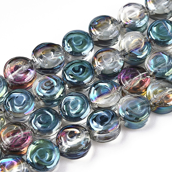 

PandaHall Half Rainbow Plated Electroplate Transparent Glass Beads Strands, Rose, Cadet Blue, 6x7x3.5mm, Hole: 1mm, about 110pcs/strand...
