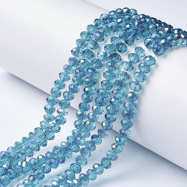 

PandaHall Electroplate Transparent Glass Beads Strands, Half Rainbow Plated, Faceted, Rondelle, Dark Turquoise, 6x5mm, Hole: 1mm, about..., Cyan