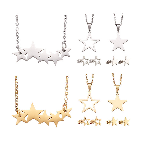 PandaHall Kissitty 4 Set 4 Style Jewelry Set with 1Pc Necklace, 201 Stainless Steel Star Pendants & Stud Earrings with Stainless Steel Pins...