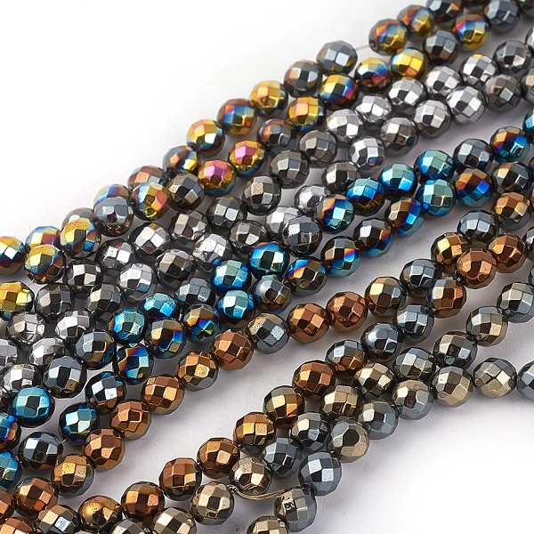 PandaHall Electroplated Non-magnetic Synthetic Hematite Beads Strands, Faceted, Half Plated, Round, Mixed Color, 5~6mm, Hole: 1mm, about...