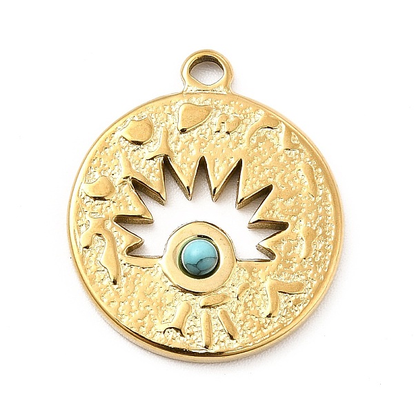 

PandaHall Synthetic Turquoise Pendants, Flat Round Charms, Ion Plating(IP) 304 Stainless Steel Findings, Golden, 21x18x3mm, Hole: 2mm...