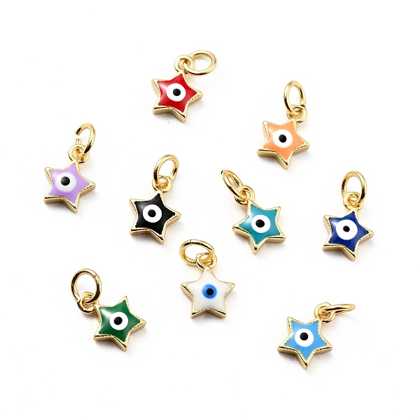

PandaHall Rack Plating Brass Enamel Charms, with Jump Rings, Cadmium Free & Lead Free, Real 18K Gold Plated, Star with Evil Eye, Mixed Color..., Multicolor