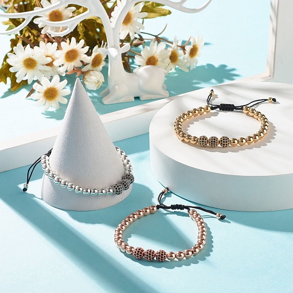 

PandaHall 3Pcs 3 Color Round Synthetic Hematite Braided Bead Bracelets Set with Cubic Zirconia, Adjustable Gemstone Bracelets for Women...