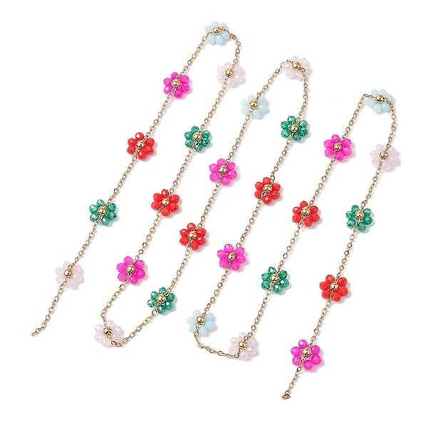 

PandaHall Colorful Glass Beaded Flower Link Chains, with 304 Stainless Steel Cable Chains, Golden, 101x11x4.5mm, about 3.20 Feet...