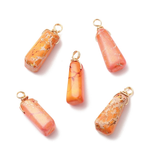 

PandaHall Natural Imperial Jasper Pendants, with Golden Tone Copper Wire Wrapped, Dyed, Trapezoid, 28~30x8.5~10.5x8.5~11mm, Hole: 3~3.3mm...
