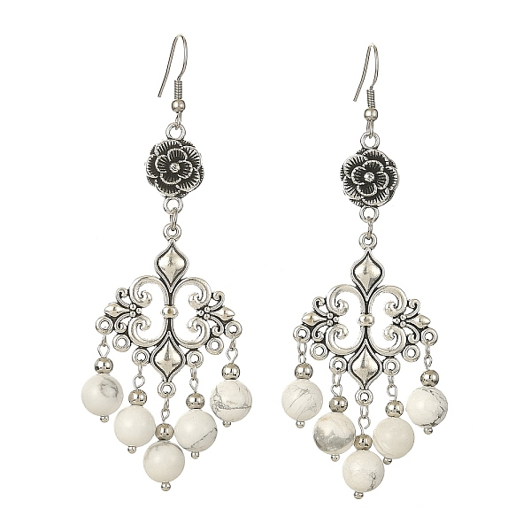 

PandaHall Natural Howlite Beaded Drop Earrings, Alloy Ross Chandelier Earrings for Women, 90x29mm Howlite Flower