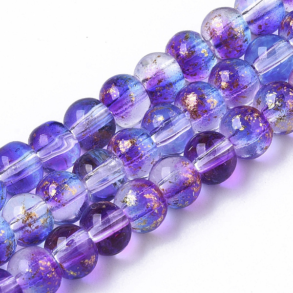 

PandaHall Transparent Spray Painted Glass Bead Strands, with Golden Foil, Round, Blue Violet, 4~5mm, Hole: 0.9~1.2mm, about 95~103pcs/Strand..., Purple