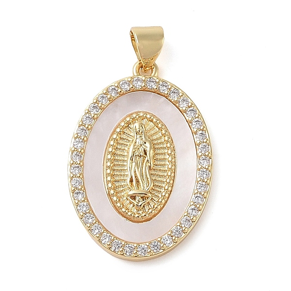 

PandaHall Brass Micro Pave Cubic Zirconia Pendants, with Shell Charms, Virgin Mary, Real 18K Gold Plated, Oval, 27.5x19x3mm, Hole: 3.5x4mm..., Clear