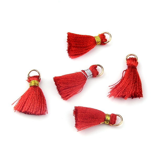

PandaHall Nylon Thread Tassel Pendant Decorations, with Golden Iron Jump Rings, Random Color Binding Threads, Red, 19~30x9~11mm Nylon Red
