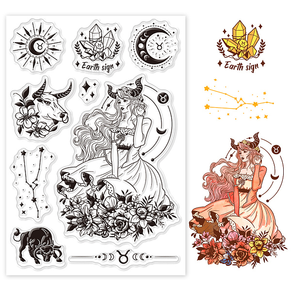 

PandaHall GLOBLELAND Taurus Constellation Woman Clear Stamps for Cards Making Crescent Flower Crystal Silicone Clear Stamp Seals Transparent...