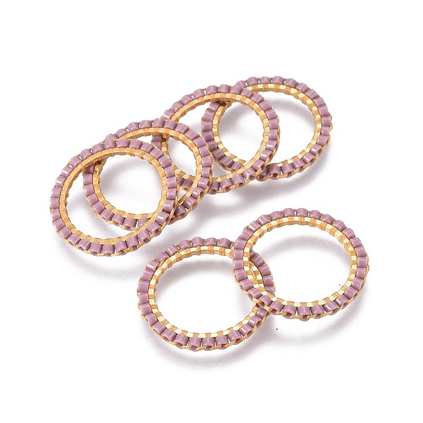PandaHall MIYUKI & TOHO Handmade Japanese Seed Beads, with Golden Plated 304 Stainless Steel Link Rings, Loom Pattern, Ring/Circle, Rosy...