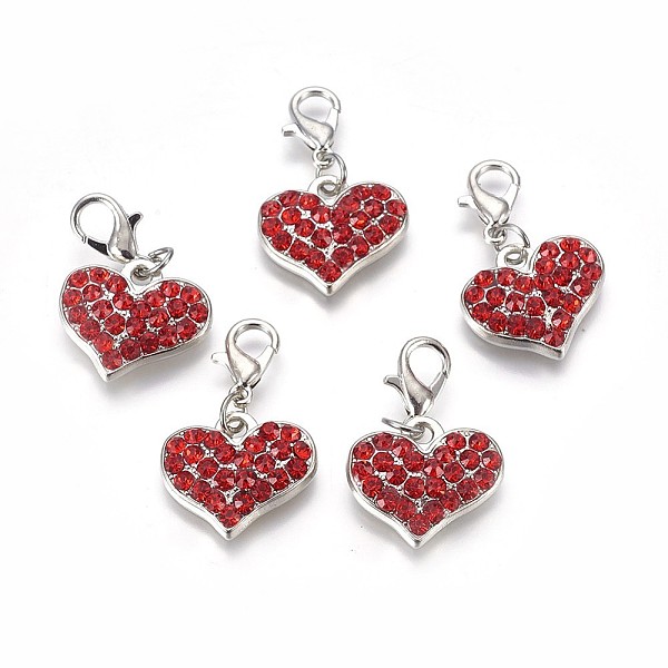 

PandaHall Alloy Rhinestone Pendants, Cadmium Free & Lead Free, Grade A, with Lobster Clasp, Heart, Platinum Metal Color, Light Siam..., Red
