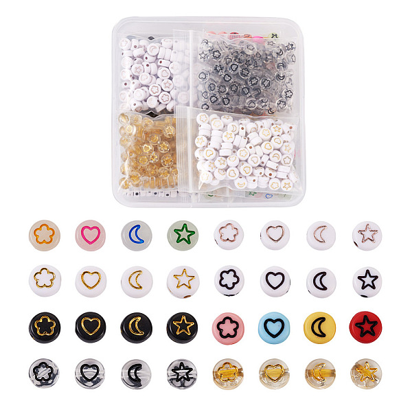 

PandaHall Cheriswelry 940Pcs 8 Style Acrylic Beads, Flat Round with Moon & Heart Flower & Star, Mixed Color, 7x3.5~4mm, Hole: 1~1.6mm..., Multicolor
