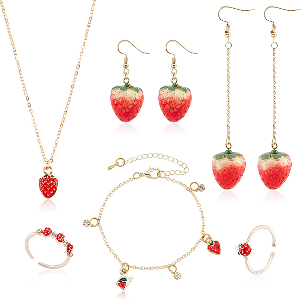 

PandaHall ANATTASOUL Strawberry Brass Enamel Pendant Necklace & Dangle Earrings & Open Cuff Ring & Charm Bracelet Jewelry Sets, Light Gold..., Red