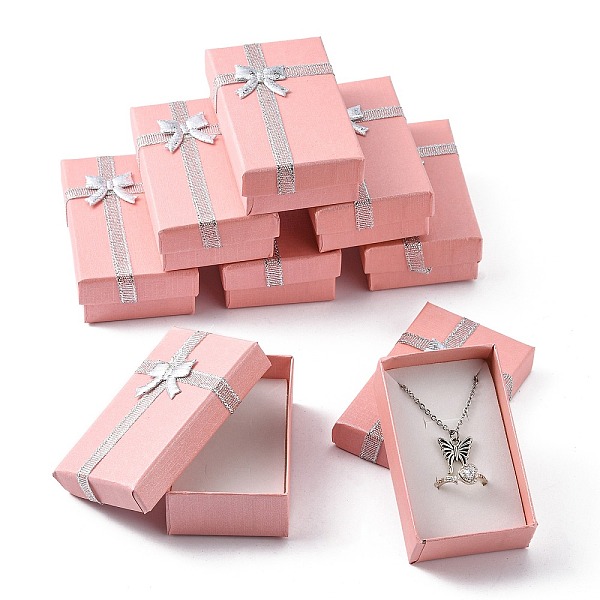 

PandaHall Valentines Day Wife Gifts Packages Cardboard Jewelry Set Boxes with Bowknot and Sponge Inside, for Necklaces and Pendants..., Pink