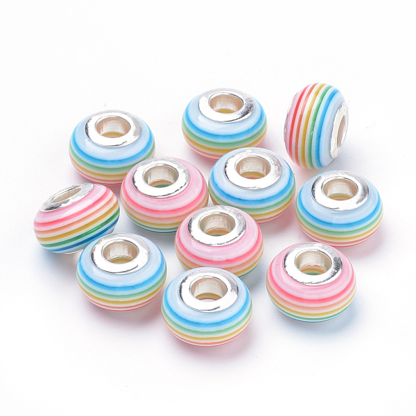 

PandaHall Resin European Beads, Large Hole Beads, with Silver Plated Brass Double Cores, Stripe, Rondelle, Pink, 14x8~8.5mm, Hole: 5mm...