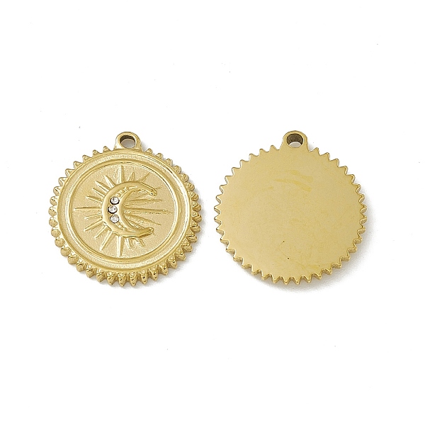 

PandaHall Vacuum Plating 201 Stainless Steel Pendants, with Rhinestone, Flat Round with Moon Charm, Real 18K Gold Plated, 20x18.5x2mm, Hole..., Clear