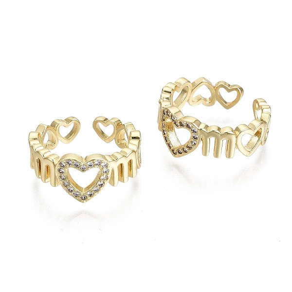 

PandaHall Brass Micro Pave Clear Cubic Zirconia Cuff Rings, Open Rings, Mother's Day Gifts, Nickel Free, Heart with Word Mom, Real 16K Gold...