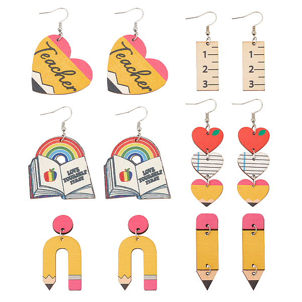 

PandaHall ANATTASOUL 6 Pairs 6 Styles Teachers' Day Wood Dangle Earrings with Iron Pins, Stud Earrings, Heart & Pencil & Book & Ruler, Mixed..., Multicolor