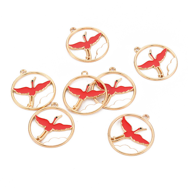 

PandaHall Eco-Friendly Alloy Enamel Pendants, Cadmium Free & Lead Free & Nickel Free, Light Gold, Ring with Crane, Red, 29x26.5x1.5mm, Hole...