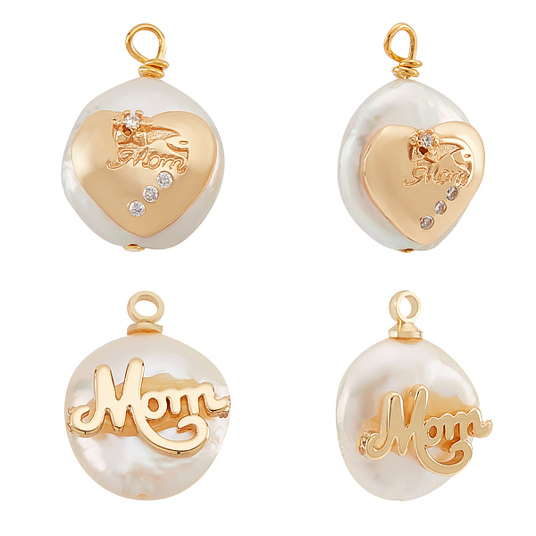 

PandaHall 4Pcs 2 Styles Mother's Day Theme Natural Cultured Freshwater Pearl Pendants, Nuggets Charm, with Brass Micro Pave Clear Cubic..., White
